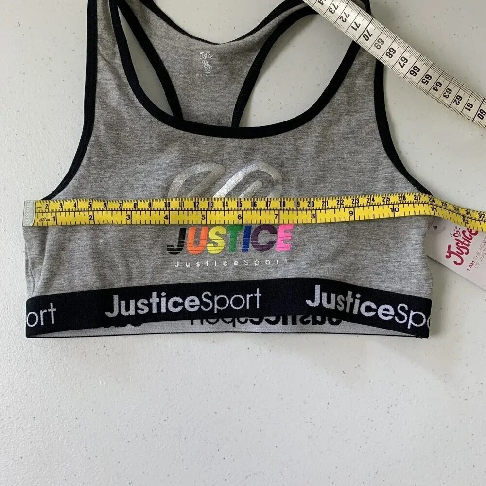 Justice Girls Gray Sports Yoga Bra Size 30 Logo Spell Out New